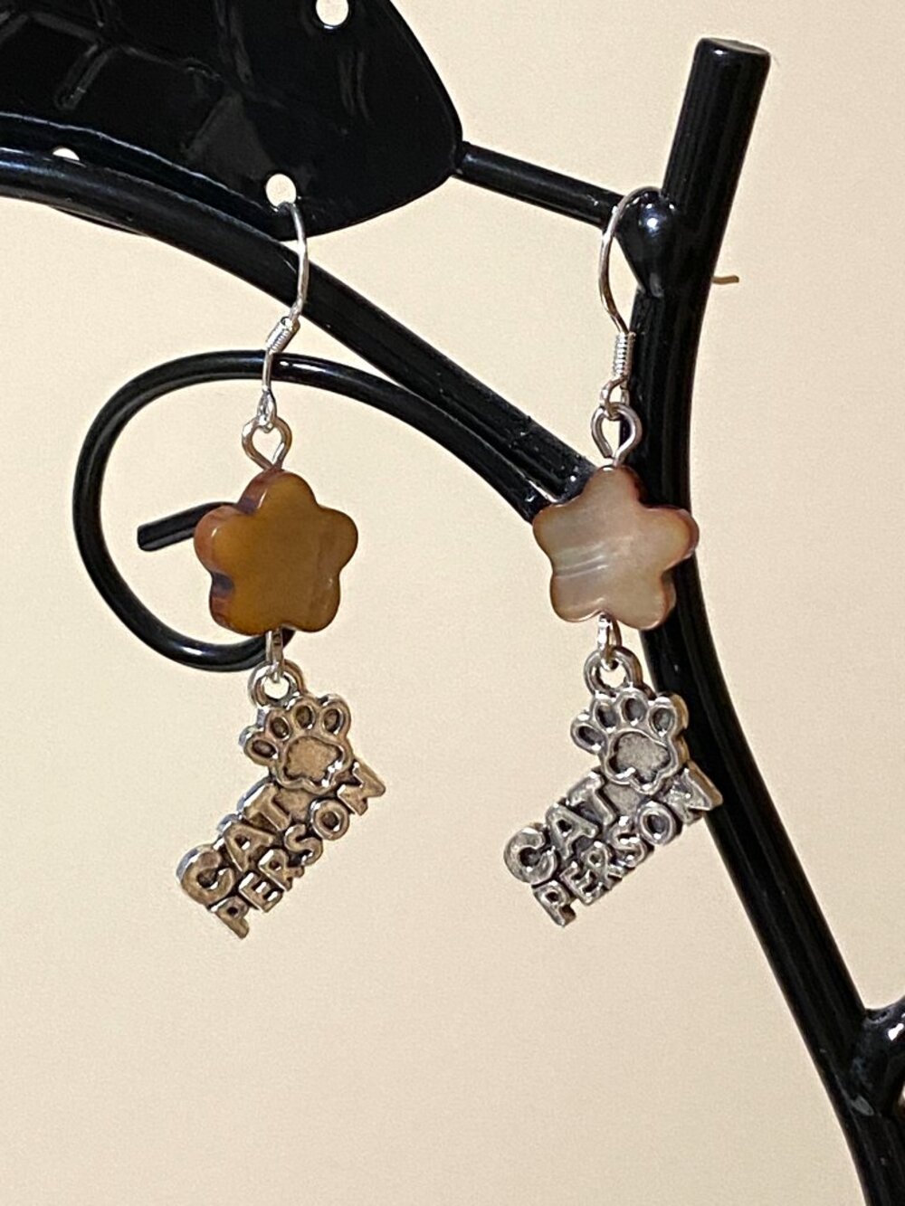 2/$20, Dark Mother of Pearl Flower & Cat Person Earrings w/ Sterling Silver Hook - Picture 5 of 7